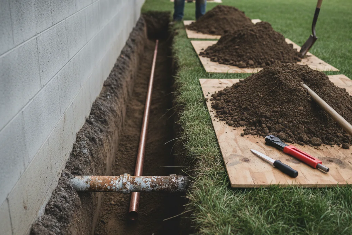 Excavated water line trench during Water Heater Repair in Hershey